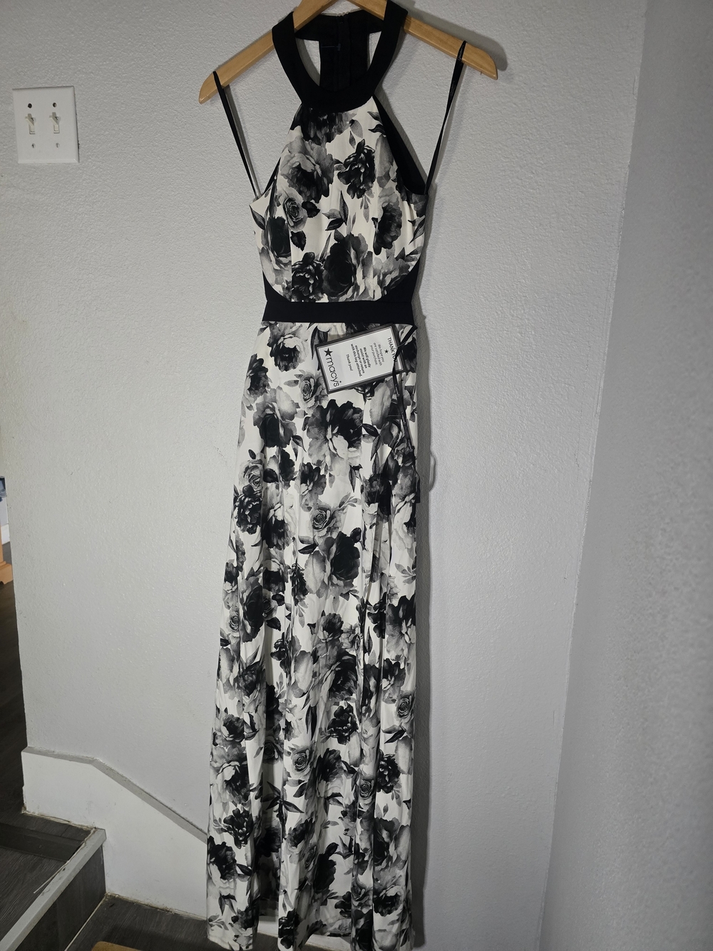 Macy's Black and White Floral Halter Maxi Dress
